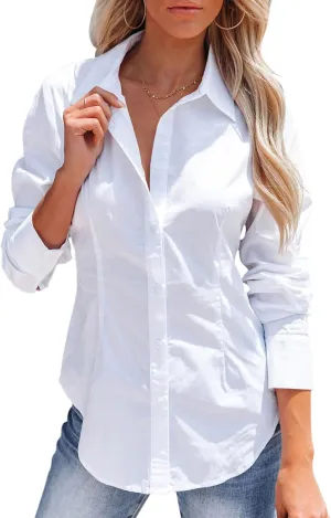siliteelon Women's Button Down Shirts Long Sleeve Dress Shirts Wrinkle Free Collared Work Office Solid Blouses Corset Tops