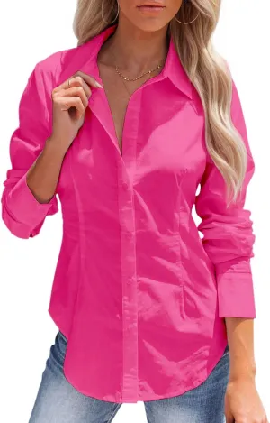 siliteelon Women's Button Down Shirts Long Sleeve Dress Shirts Wrinkle Free Collared Work Office Solid Blouses Corset Tops