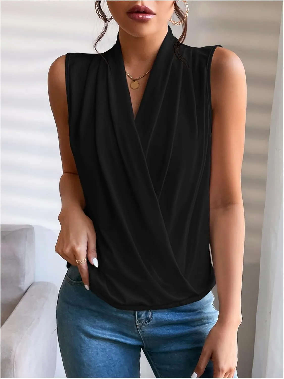 SOLY HUX Women's Wrap V Neck Tank Tops Sleeveless Vest Shirts Elegant Work Office Clothes