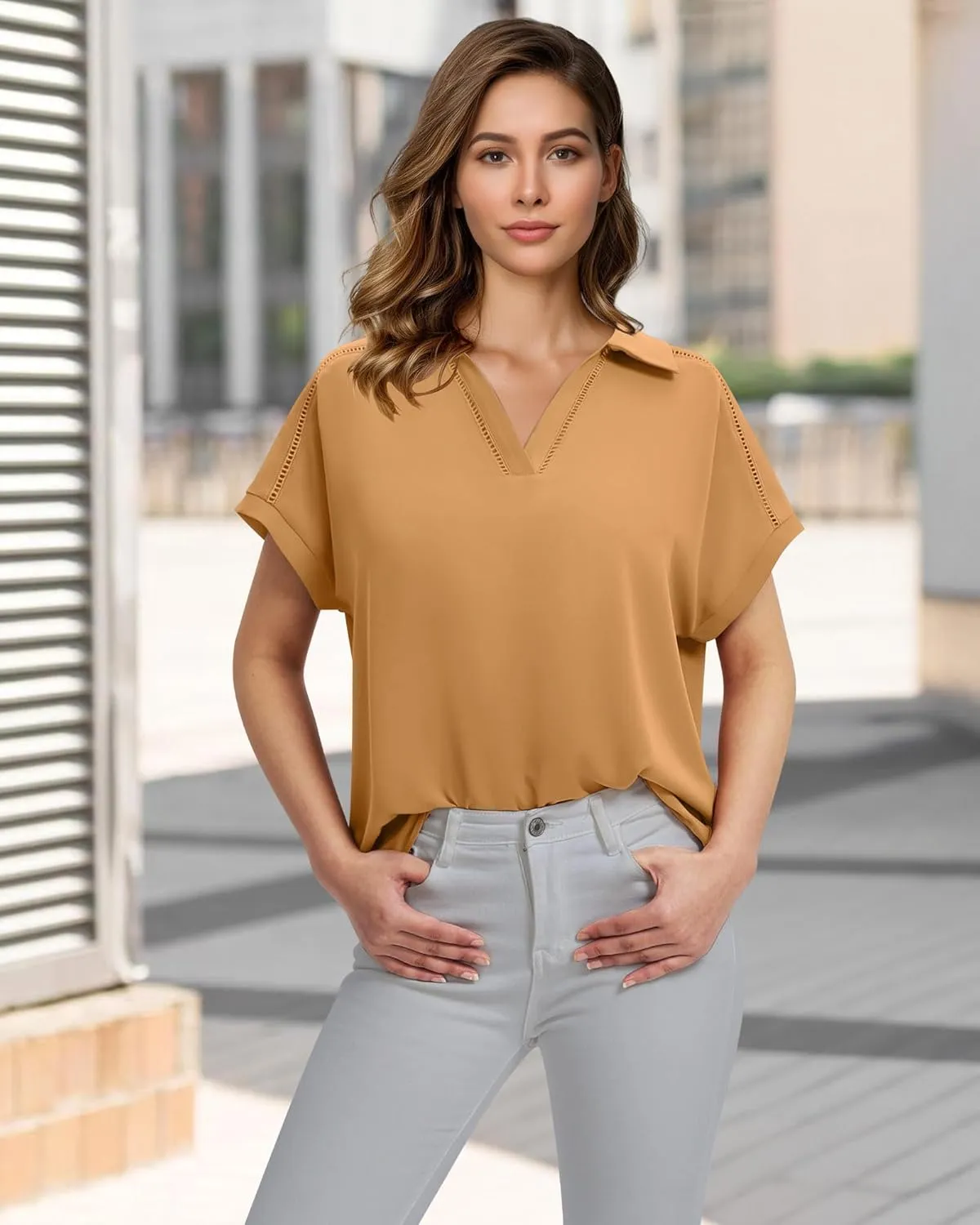 Timeson Women's Short Sleeve Chiffon Blouses Office Work Dress Shirts Business Casual Tops