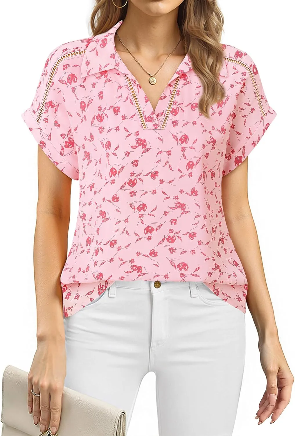 Timeson Women's Short Sleeve Chiffon Blouses Office Work Dress Shirts Business Casual Tops