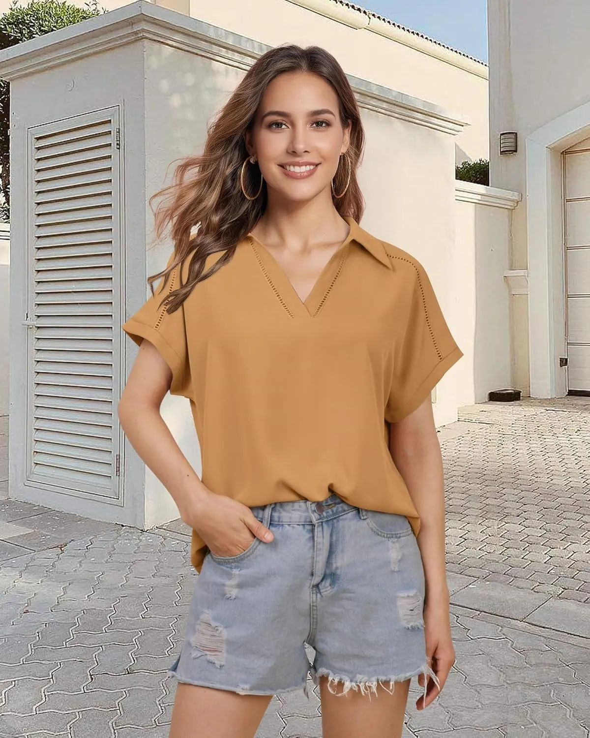 Timeson Women's Short Sleeve Chiffon Blouses Office Work Dress Shirts Business Casual Tops