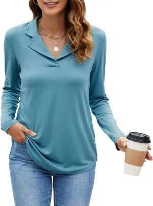 Uvog Womens Long Sleeve Collared Shirts V Neck Dressy Casual Business Work Office Tunic Tops