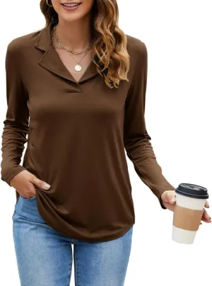 Uvog Womens Long Sleeve Collared Shirts V Neck Dressy Casual Business Work Office Tunic Tops