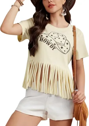Western Vintage Shirt Cowgirl Outfit: Women Fringe Graphic Tees Rodeo Short Sleeve Tshirt Summer Vacation V Neck Tops