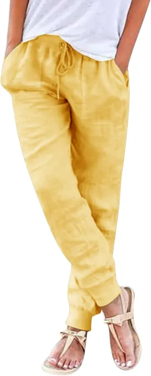 Wide Leg Casual Linen Pants for Women, Solid Color Cropped Capris Trouser with Pockets Comfort Yoga Soft Lounge Trousers