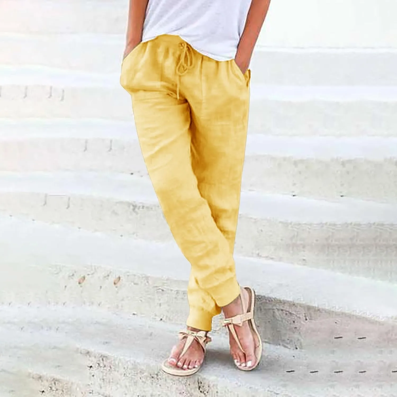 Wide Leg Casual Linen Pants for Women, Solid Color Cropped Capris Trouser with Pockets Comfort Yoga Soft Lounge Trousers