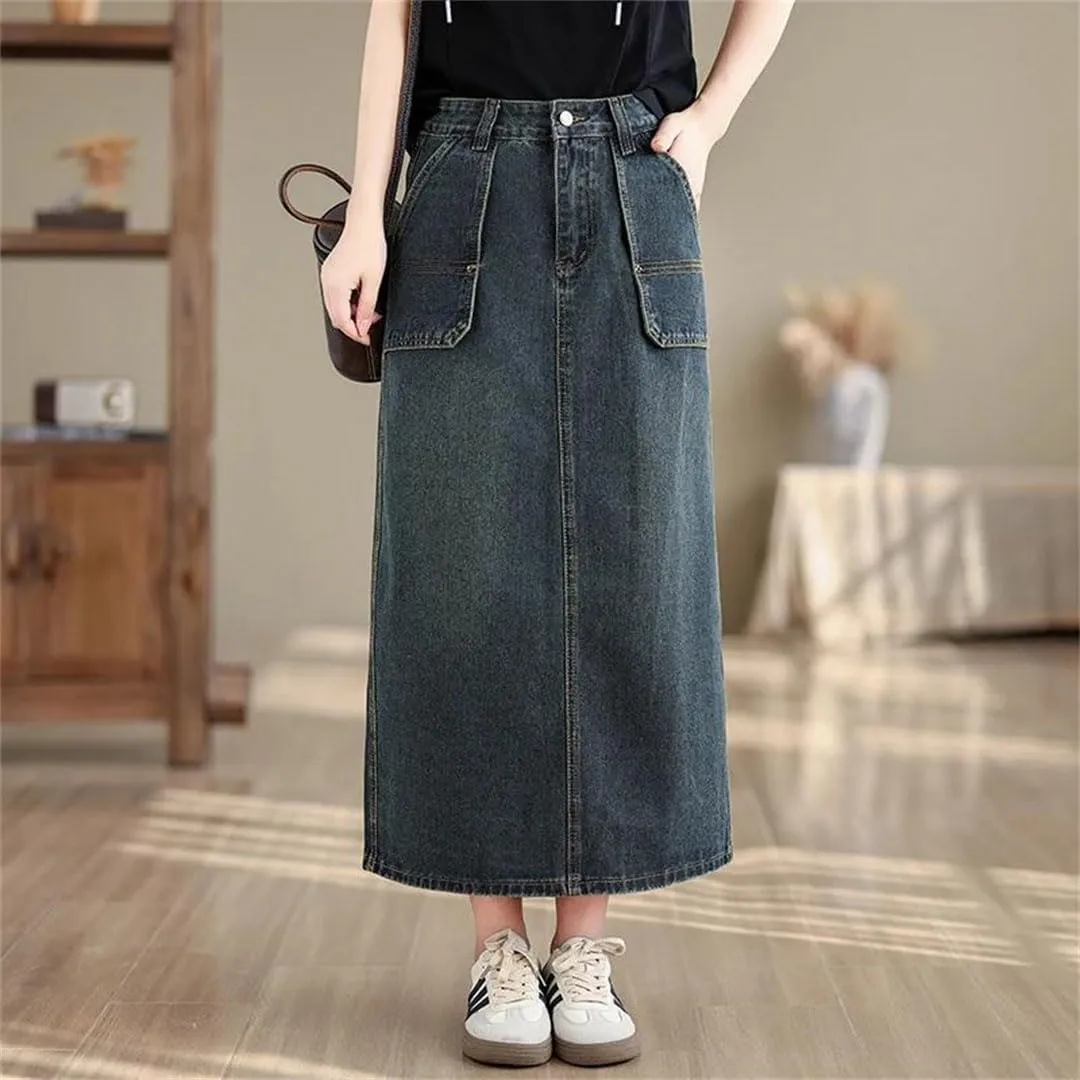 Women Denim Skirts High Waisted Side Pockets Jeans Skirts Female Office A Line Skirt