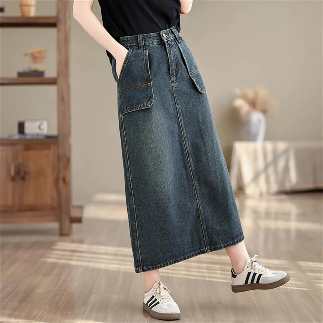 Women Denim Skirts High Waisted Side Pockets Jeans Skirts Female Office A Line Skirt