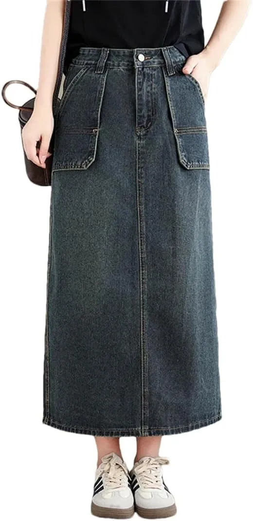 Women Denim Skirts High Waisted Side Pockets Jeans Skirts Female Office A Line Skirt