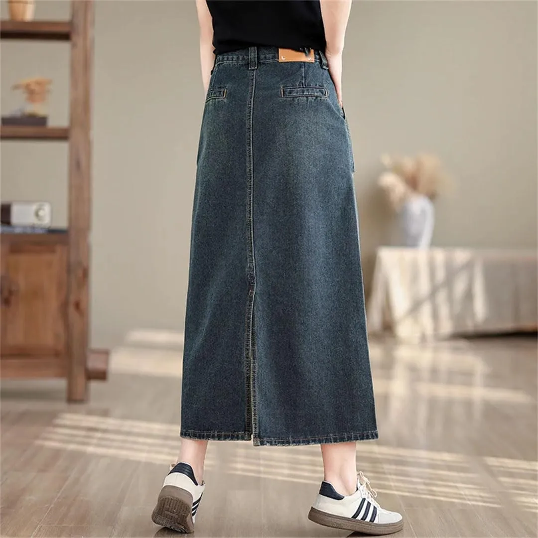 Women Denim Skirts High Waisted Side Pockets Jeans Skirts Female Office A Line Skirt