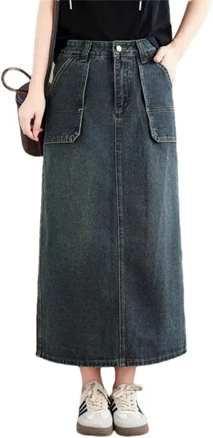 Women Denim Skirts High Waisted Side Pockets Jeans Skirts Female Office A Line Skirt