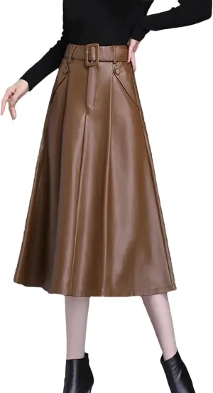 Women Faux Leather Belt Skirt Office A-Line Loose Elegant Split Pleated Midi Skirt