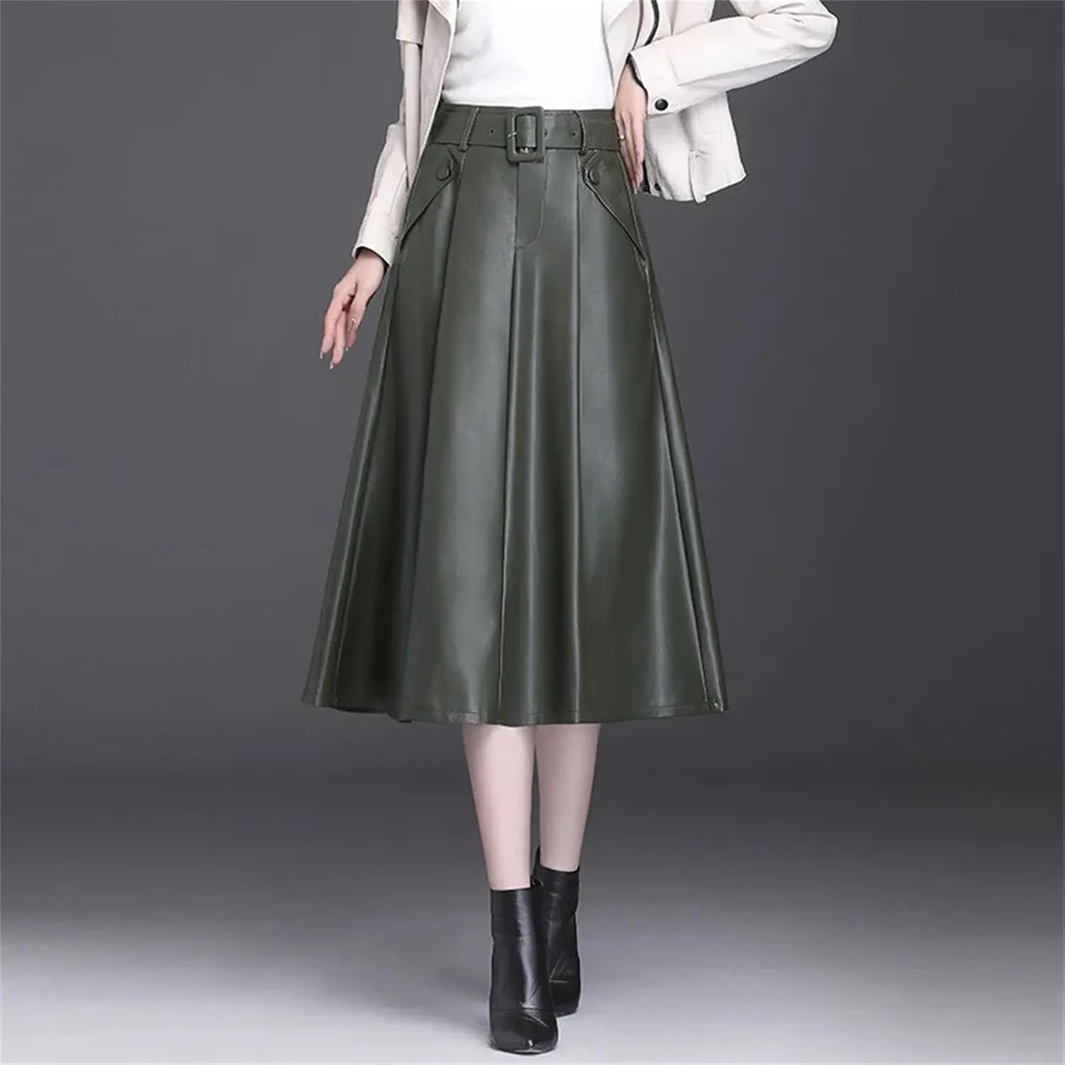 Women Faux Leather Belt Skirt Office A-Line Loose Elegant Split Pleated Midi Skirt