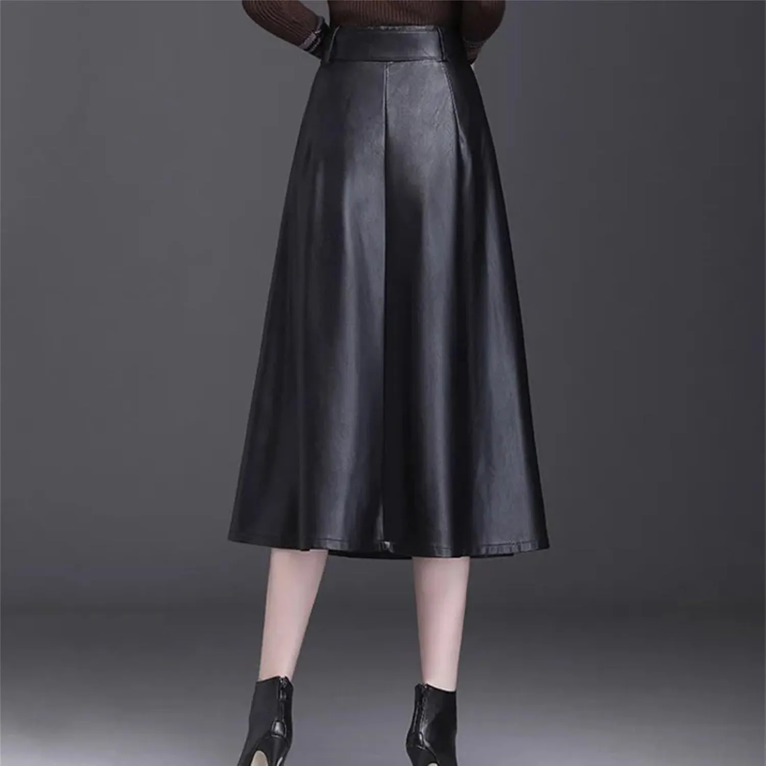 Women Faux Leather Belt Skirt Office A-Line Loose Elegant Split Pleated Midi Skirt