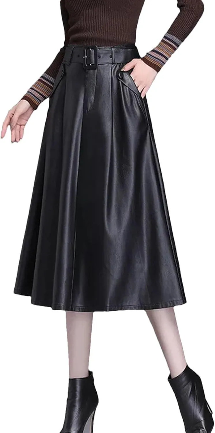 Women Faux Leather Belt Skirt Office A-Line Loose Elegant Split Pleated Midi Skirt