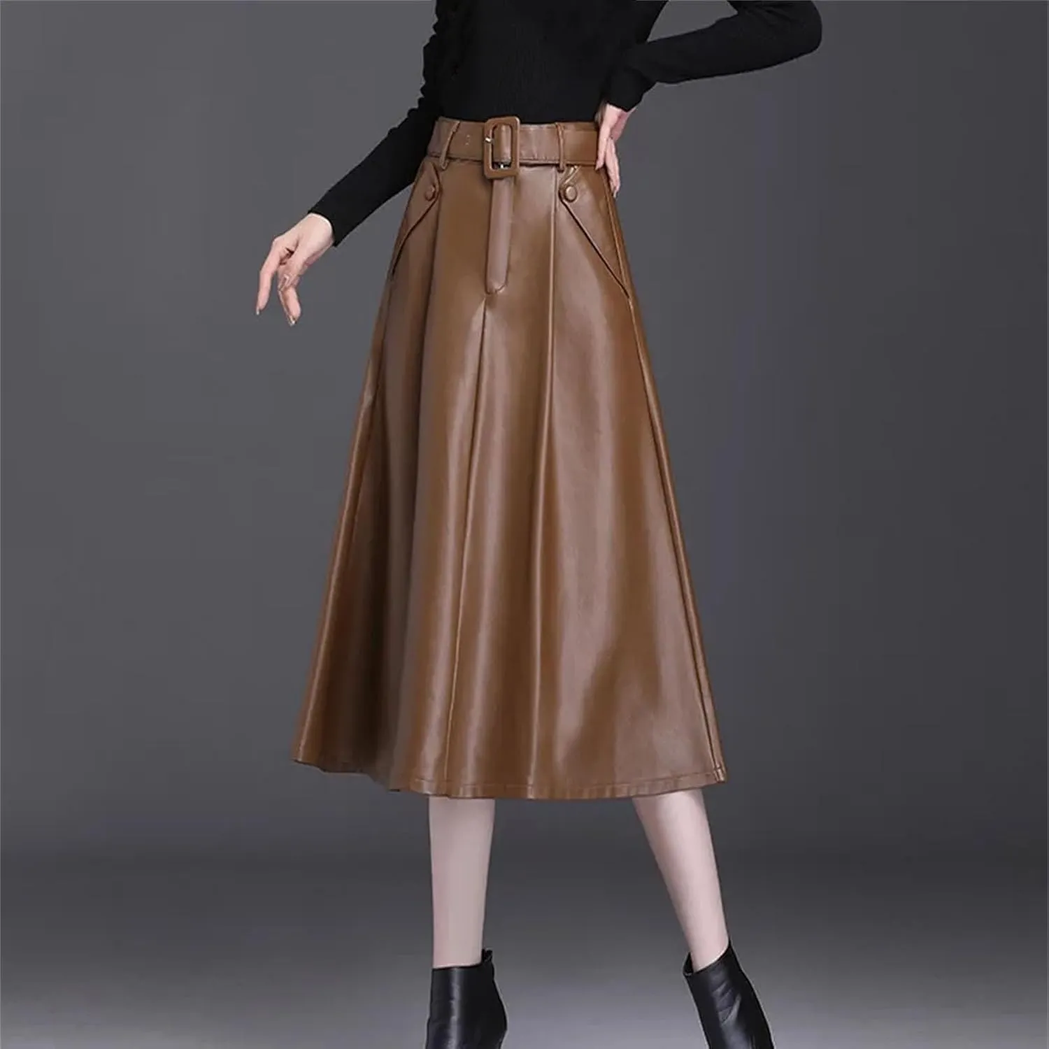 Women Faux Leather Belt Skirt Office A-Line Loose Elegant Split Pleated Midi Skirt