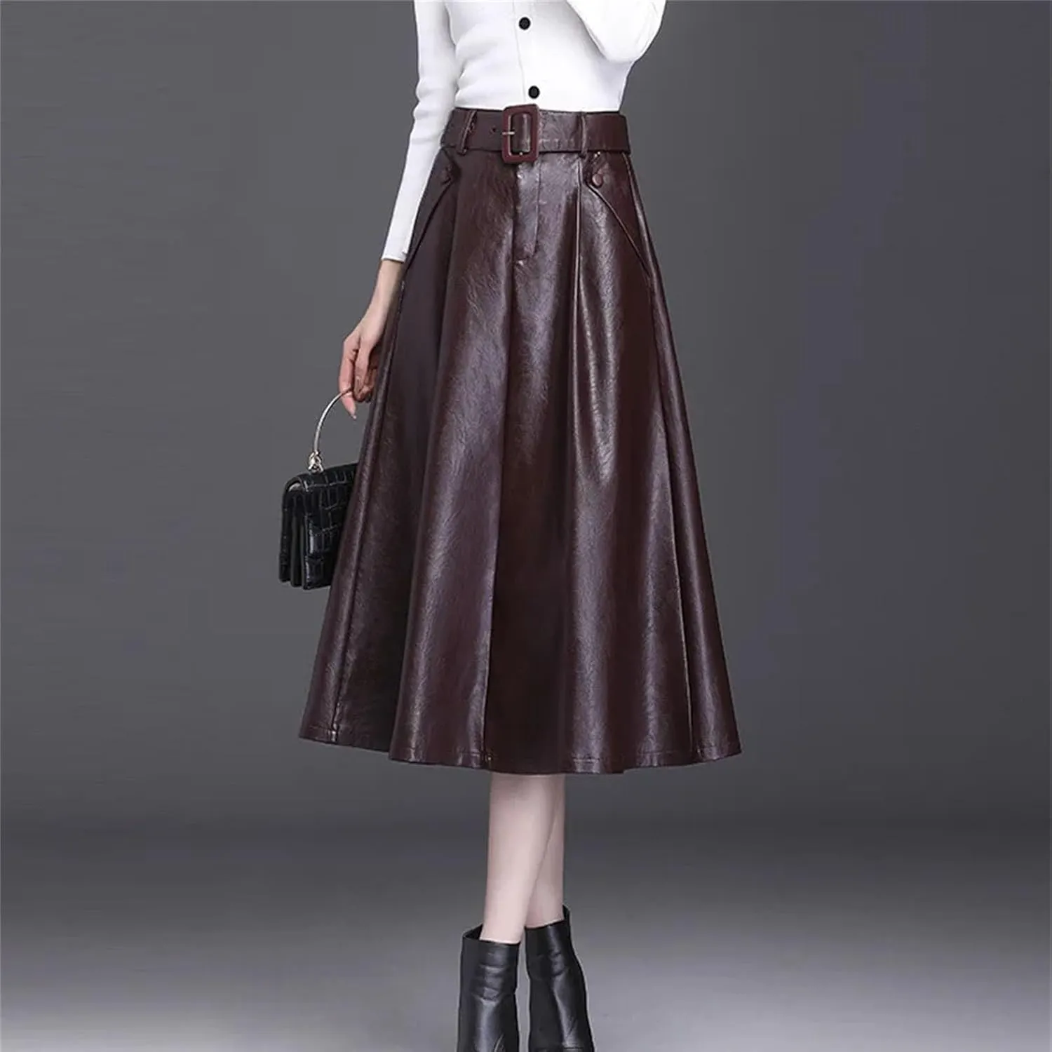 Women Faux Leather Belt Skirt Office A-Line Loose Elegant Split Pleated Midi Skirt