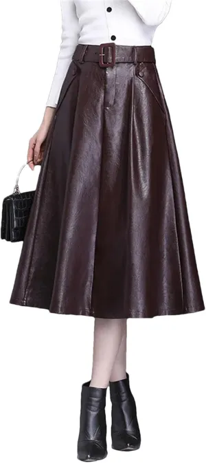 Women Faux Leather Belt Skirt Office A-Line Loose Elegant Split Pleated Midi Skirt
