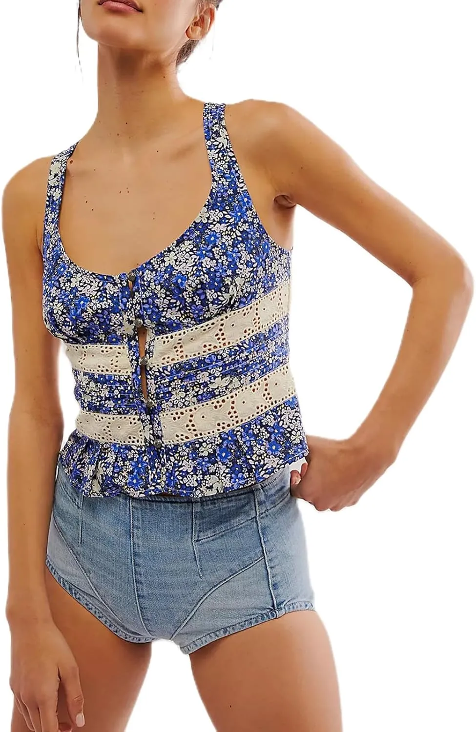 Women Lace Trim Button Up Cami Tank Crop Tops Y2k Front Tie Up Floral Ruffle Babydoll Tees Shirt Summer