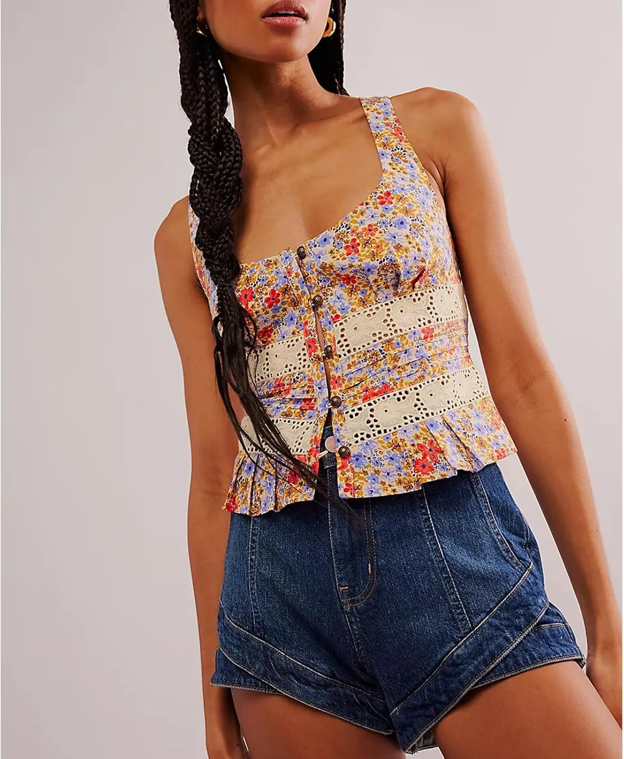 Women Lace Trim Button Up Cami Tank Crop Tops Y2k Front Tie Up Floral Ruffle Babydoll Tees Shirt Summer
