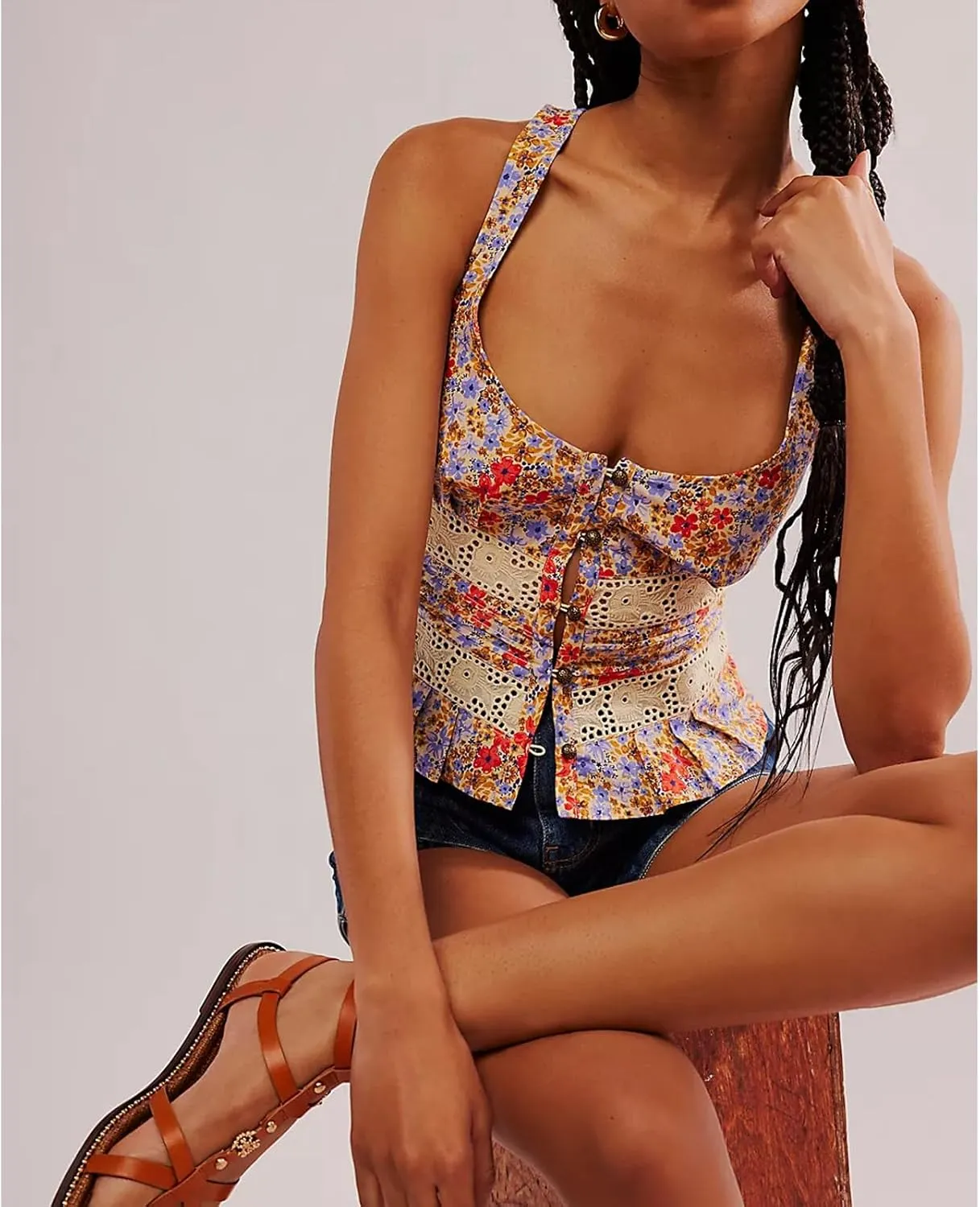 Women Lace Trim Button Up Cami Tank Crop Tops Y2k Front Tie Up Floral Ruffle Babydoll Tees Shirt Summer