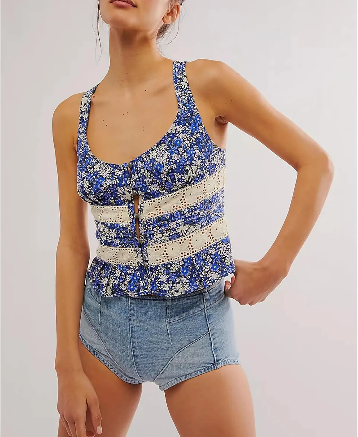 Women Lace Trim Button Up Cami Tank Crop Tops Y2k Front Tie Up Floral Ruffle Babydoll Tees Shirt Summer