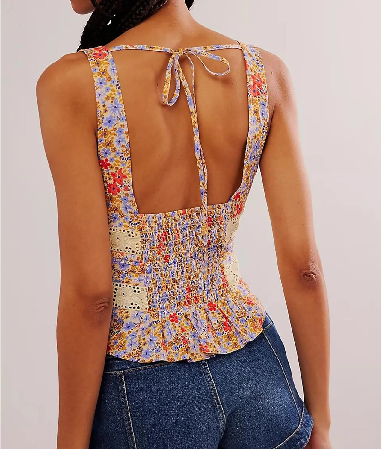 Women Lace Trim Button Up Cami Tank Crop Tops Y2k Front Tie Up Floral Ruffle Babydoll Tees Shirt Summer
