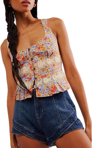 Women Lace Trim Button Up Cami Tank Crop Tops Y2k Front Tie Up Floral Ruffle Babydoll Tees Shirt Summer
