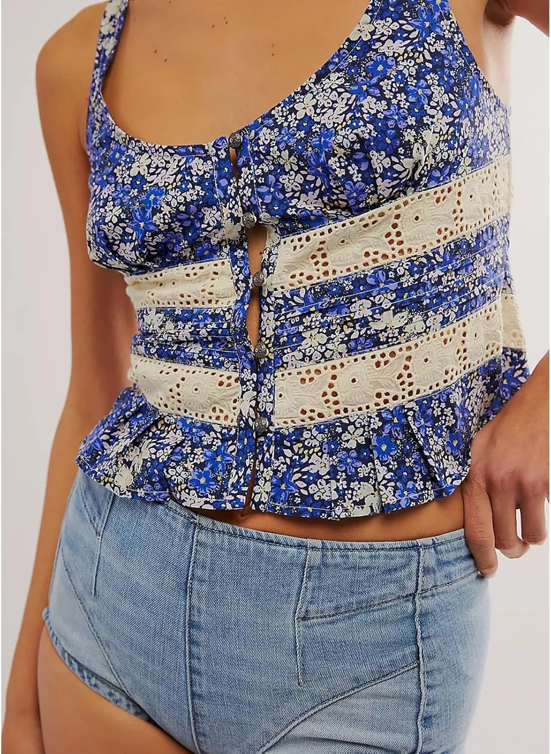 Women Lace Trim Button Up Cami Tank Crop Tops Y2k Front Tie Up Floral Ruffle Babydoll Tees Shirt Summer