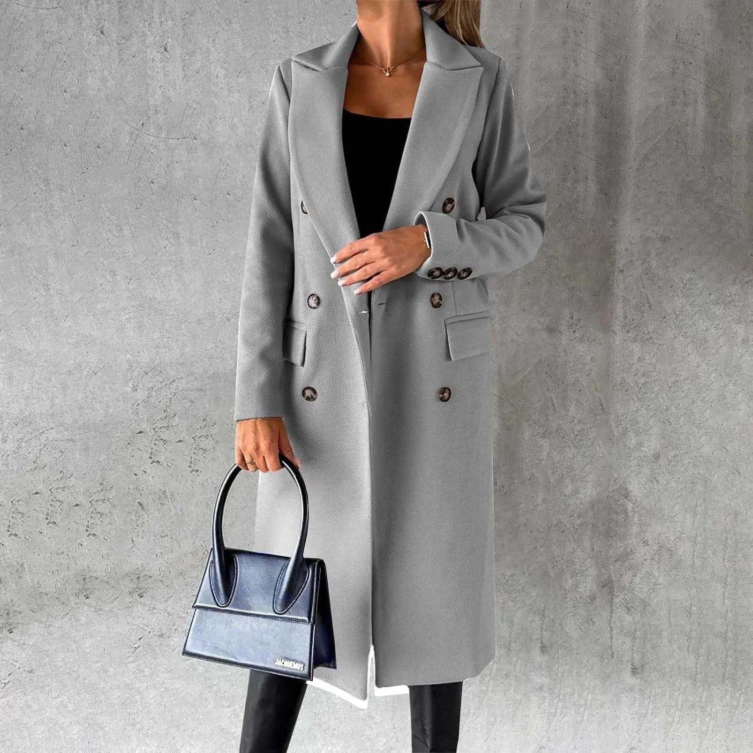 Women Length Trench Notched Lapel Double Breasted Casual Coat Winter Thermal Business Office Work Outwear with Pocket