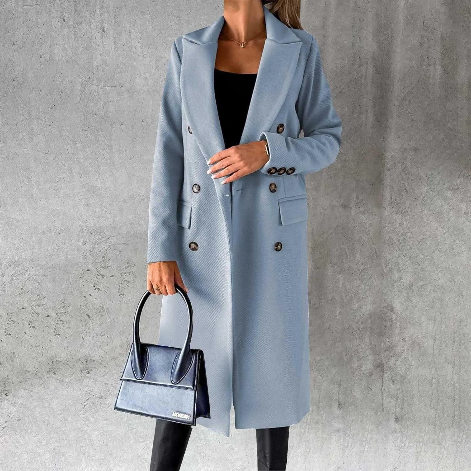 Women Length Trench Notched Lapel Double Breasted Casual Coat Winter Thermal Business Office Work Outwear with Pocket