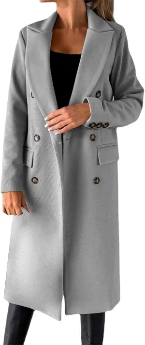 Women Length Trench Notched Lapel Double Breasted Casual Coat Winter Thermal Business Office Work Outwear with Pocket