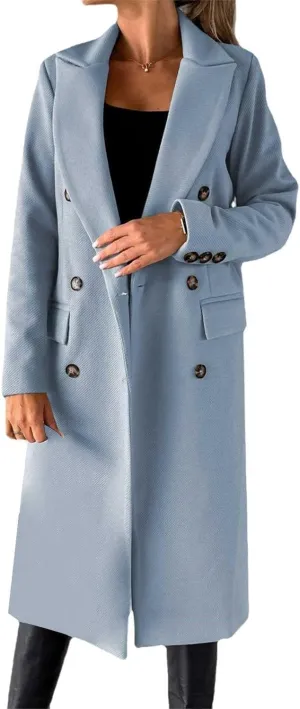 Women Length Trench Notched Lapel Double Breasted Casual Coat Winter Thermal Business Office Work Outwear with Pocket