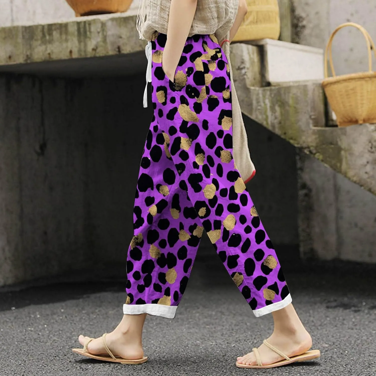 Women Linen Pants Flowy Wide Leg Palazzo Pant High Waisted Drawstring Casual Pants Loose Lounge Beach Trousers