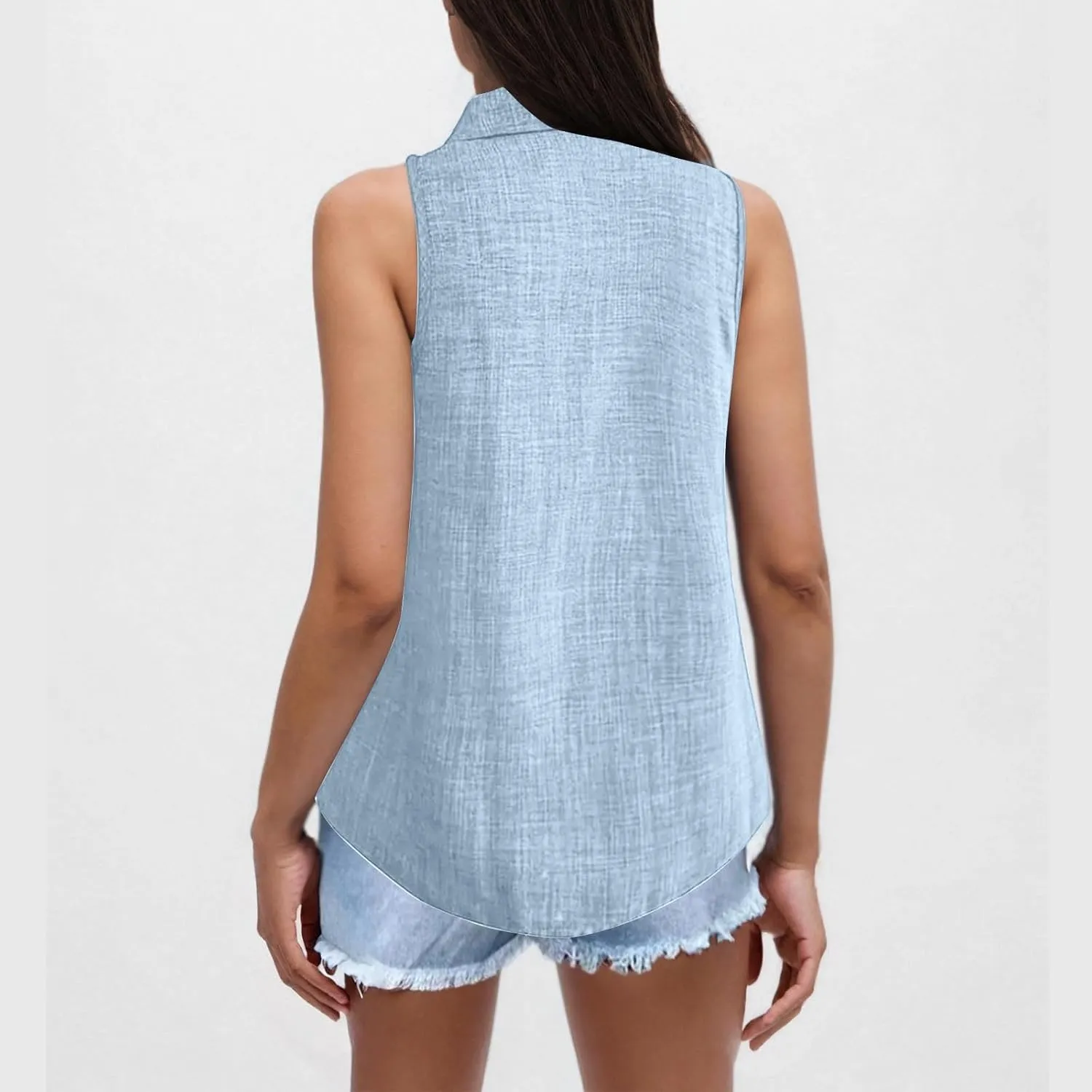 Women Linen Vest Summer Sleeveless Button Down Shirts Collared Tops Dressy Casual Business Office Work Clothes