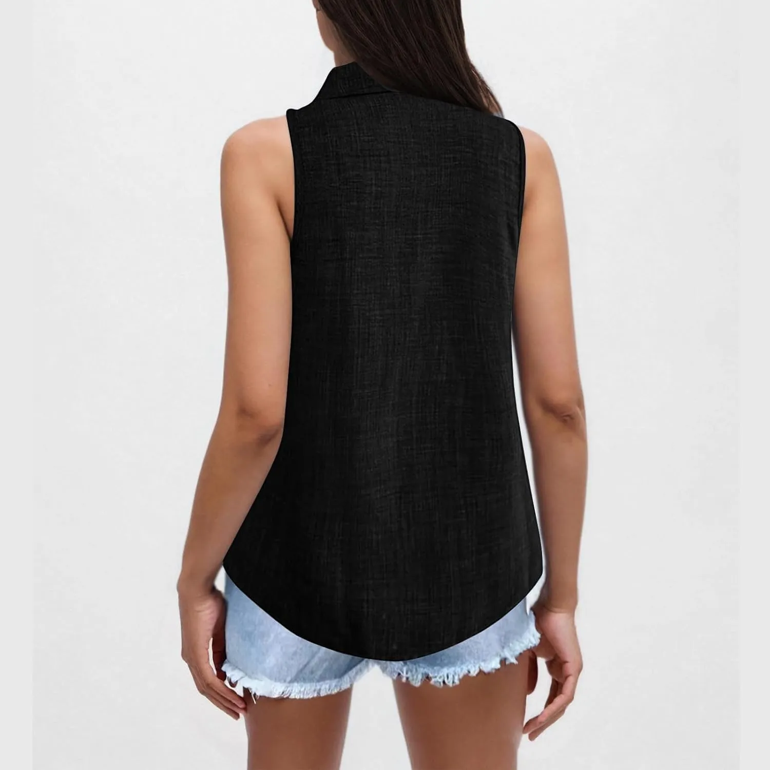 Women Linen Vest Summer Sleeveless Button Down Shirts Collared Tops Dressy Casual Business Office Work Clothes