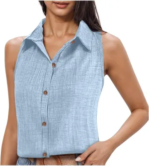 Women Linen Vest Summer Sleeveless Button Down Shirts Collared Tops Dressy Casual Business Office Work Clothes