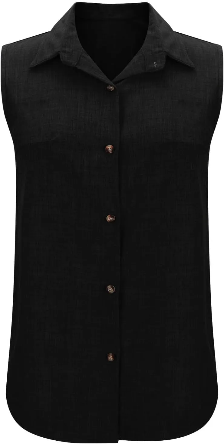 Women Linen Vest Summer Sleeveless Button Down Shirts Collared Tops Dressy Casual Business Office Work Clothes