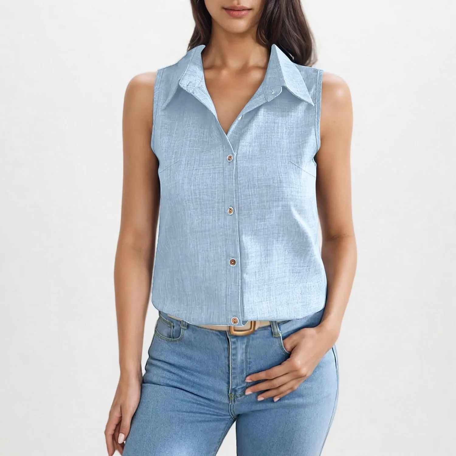 Women Linen Vest Summer Sleeveless Button Down Shirts Collared Tops Dressy Casual Business Office Work Clothes
