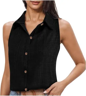 Women Linen Vest Summer Sleeveless Button Down Shirts Collared Tops Dressy Casual Business Office Work Clothes
