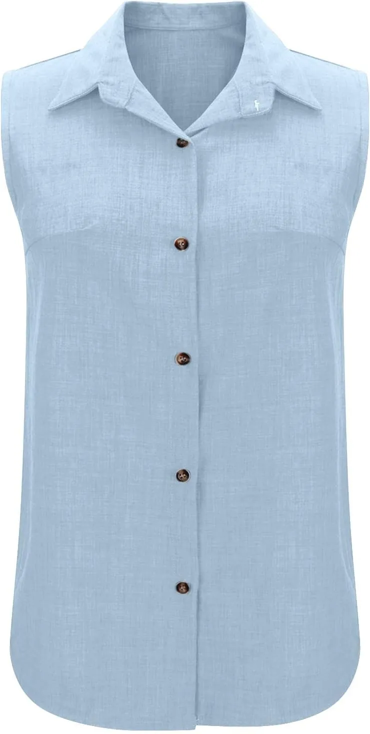 Women Linen Vest Summer Sleeveless Button Down Shirts Collared Tops Dressy Casual Business Office Work Clothes