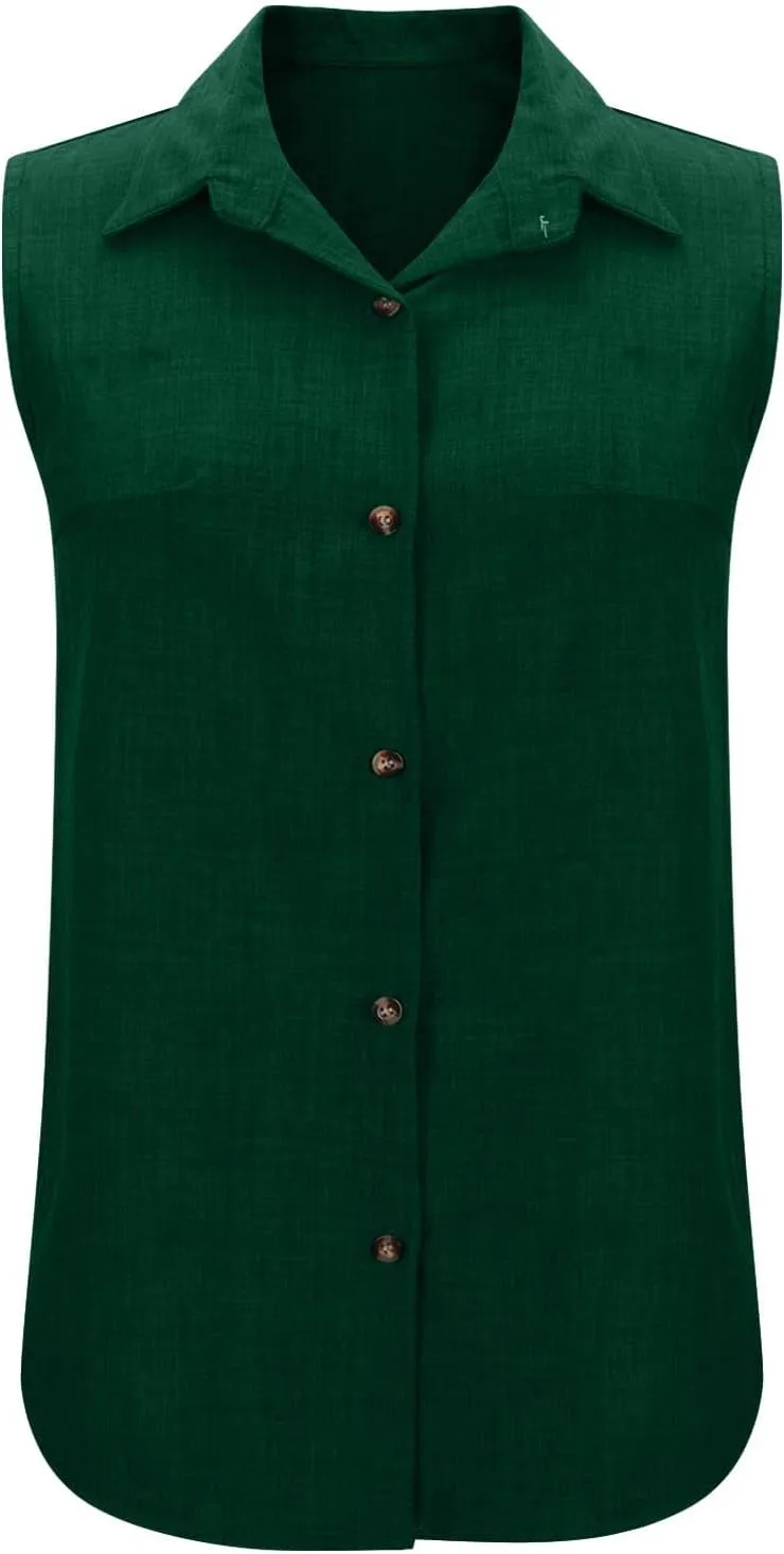 Women Linen Vest Summer Sleeveless Button Down Shirts Collared Tops Dressy Casual Business Office Work Clothes
