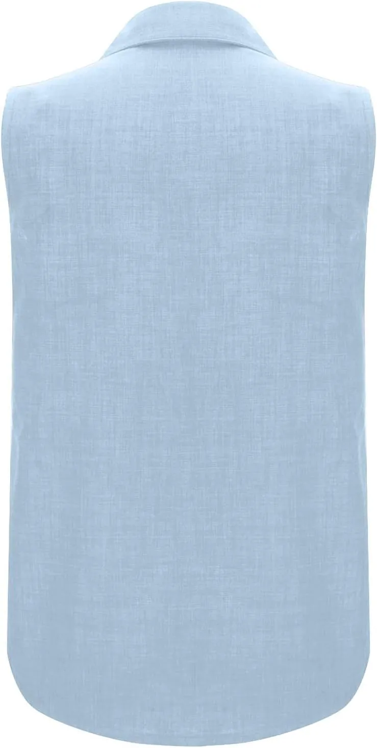Women Linen Vest Summer Sleeveless Button Down Shirts Collared Tops Dressy Casual Business Office Work Clothes