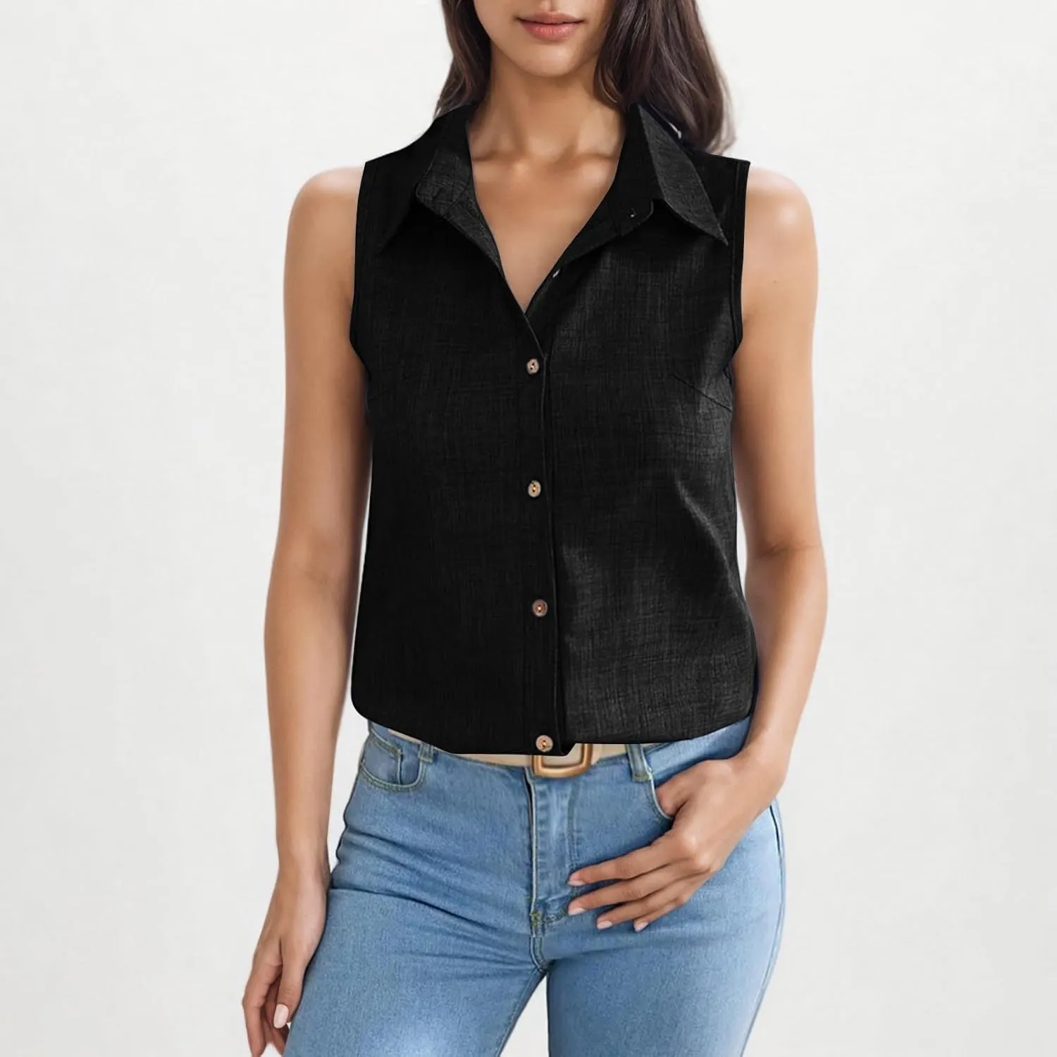 Women Linen Vest Summer Sleeveless Button Down Shirts Collared Tops Dressy Casual Business Office Work Clothes