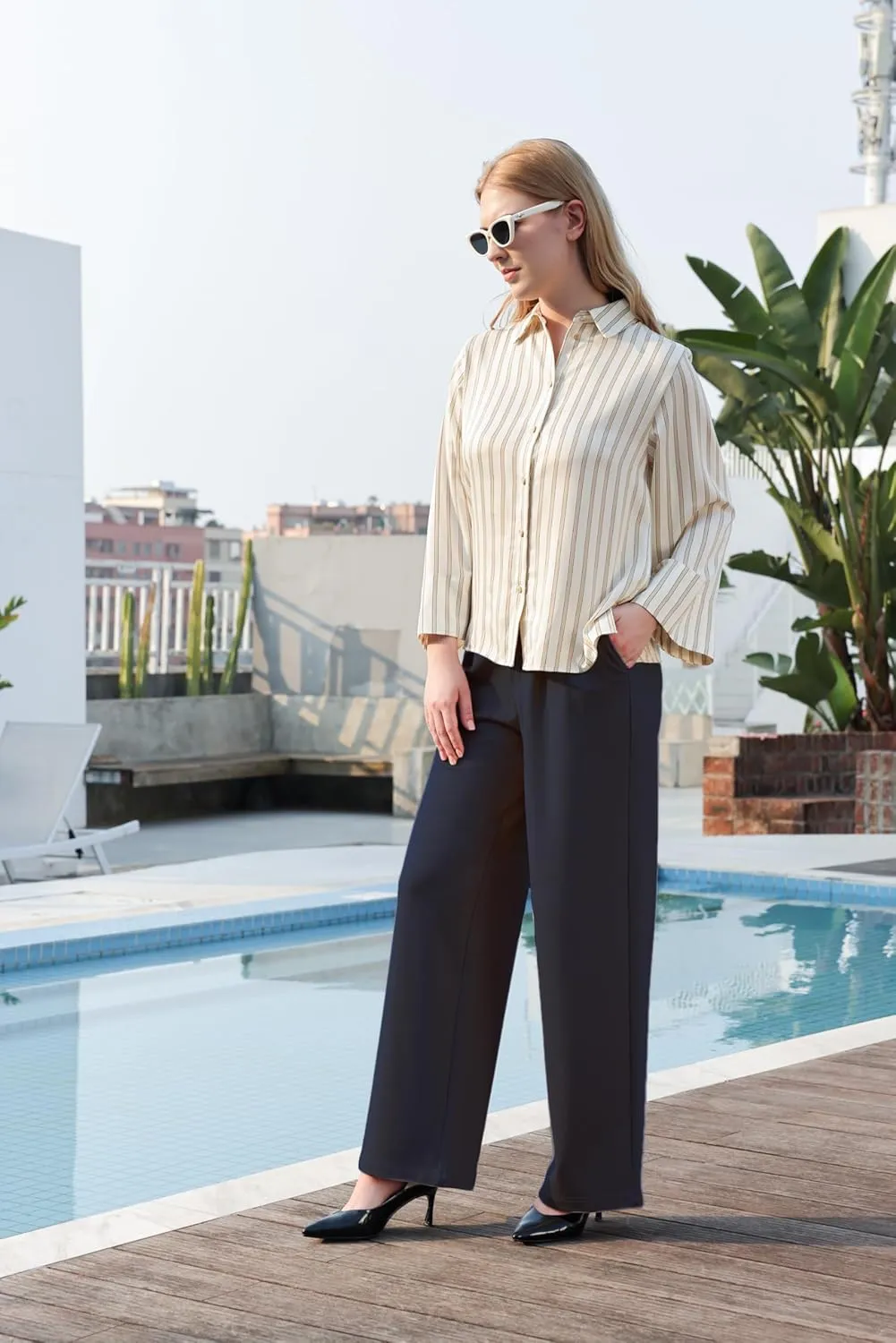 Women Wide Leg Dress Pants High Elastic Waisted Work Business Office Pants Casual Slacks Trousers with Pockets 29"