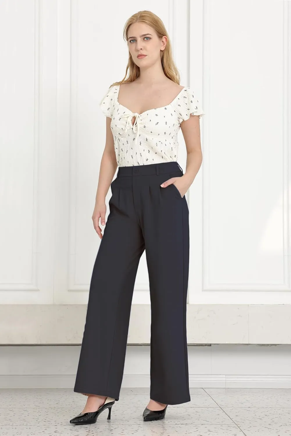 Women Wide Leg Dress Pants High Elastic Waisted Work Business Office Pants Casual Slacks Trousers with Pockets 29"