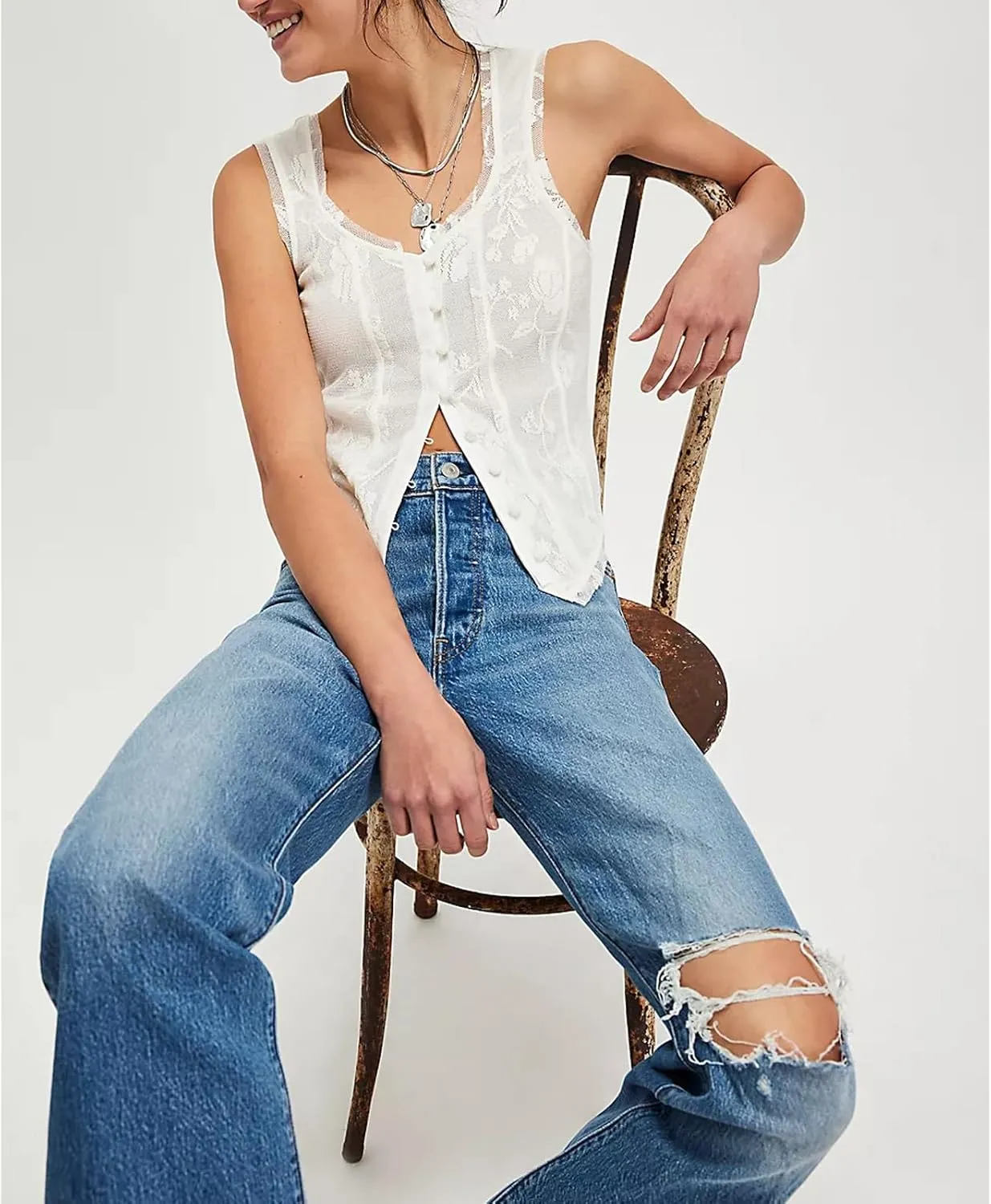 Women Y2k Front Button Up Cami Tank Crop Tops Cute Lace Trim Eyelet Sleeveless Going Out Tees Shirt Summer