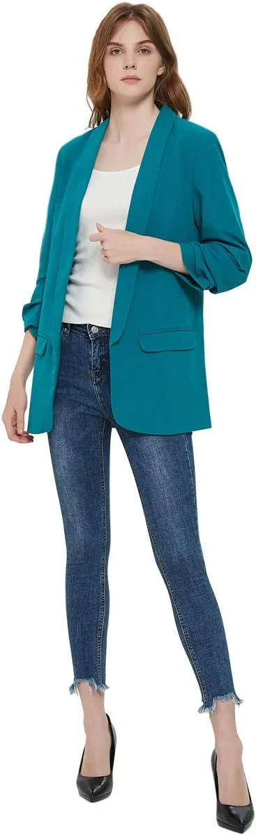Womens 3/4 Ruched Sleeve Blazer Jacket Lightweight Work Office Open Front Solid Coat, Black