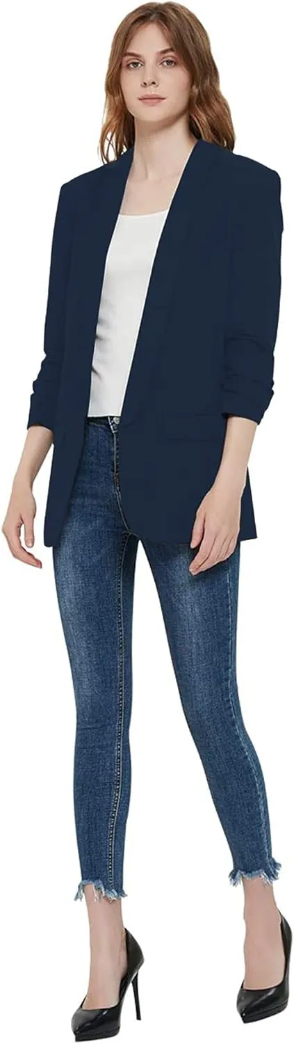 Womens 3/4 Ruched Sleeve Blazer Jacket Lightweight Work Office Open Front Solid Coat, Black